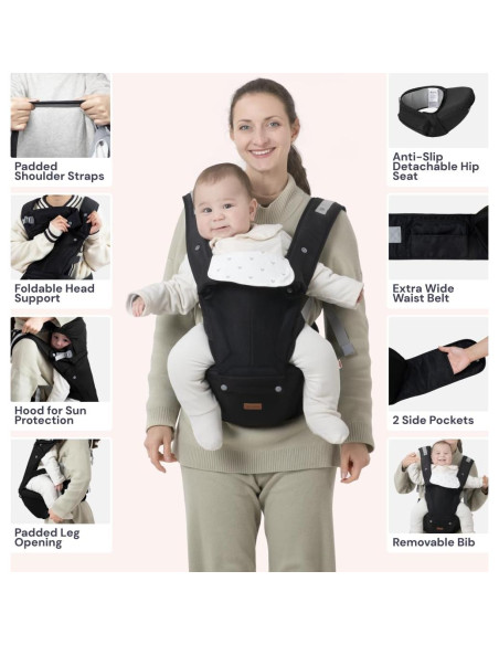 Portabebés Ergonómico BabbleRoo Grow Carrier 6-en-1 Negro