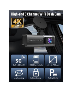 Cámara Dash HunterMax 5G WiFi 4K+1080P, 3 Canales, Plata 2