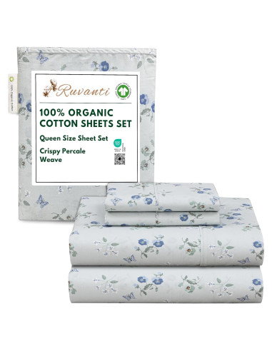 Sábanas de Algodón Orgánico RUVANTI Queen 4 Piezas Vuelo de Mantequilla