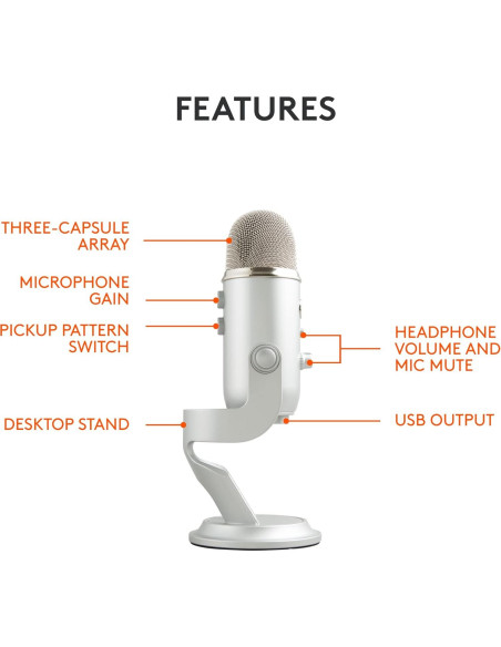 Micrófono USB Logitech Blue Yeti Plata con Funda de Viaje EVA Micrófono USB Logitech Blue Yeti Plata con Funda de Viaje EVA