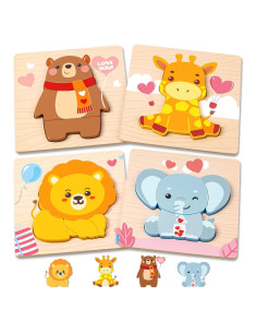 Rompecabezas de Madera LACCHOUFEE para Niños 1-3 Años - 4 Animales