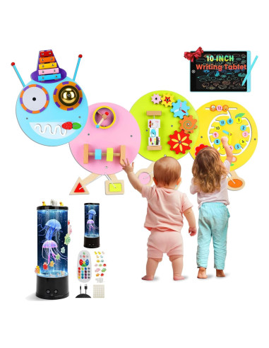 Conjunto Sensorial Muiofang: Panel Montessori + Lámpara Medusas