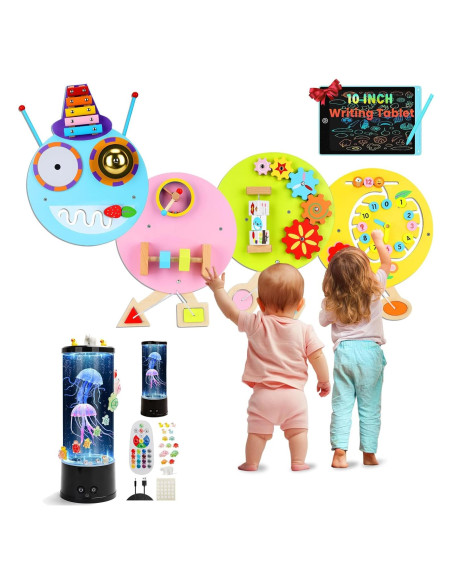 Conjunto Sensorial Muiofang: Panel Montessori + Lámpara Medusas