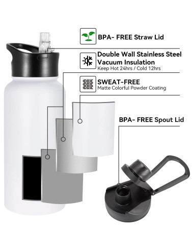 Botella de Agua Aislada VQRRCKI 0.95L Doble Pared Blanca