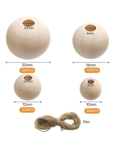Foraineam Set 1200 Perlas de Madera Redondas 10-20mm DIY 2
