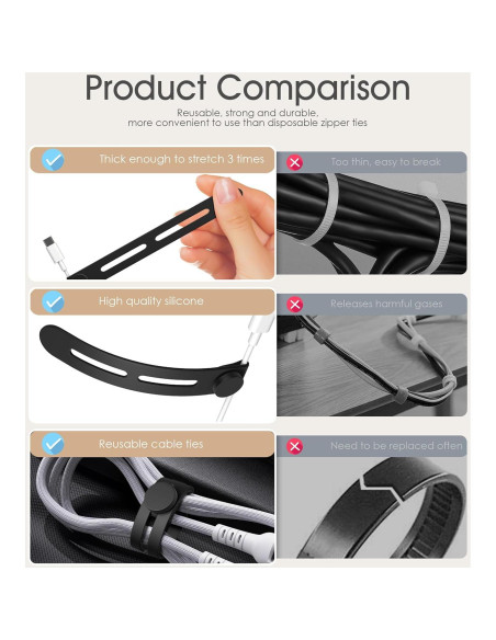 40 Bridas de Cable Nearockle Silicona Ajustables Blancas y Negras