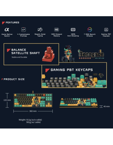 Teclado Gaming Bloody AT87-Renegade Óptico TKL PBT RGB