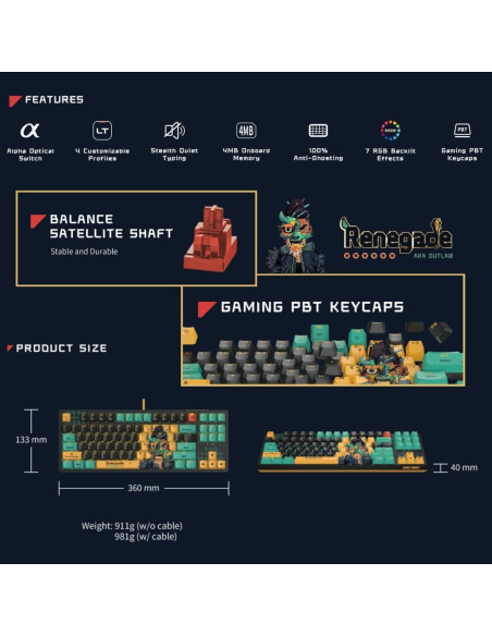 Teclado Gaming Bloody AT87-Renegade Óptico TKL PBT RGB