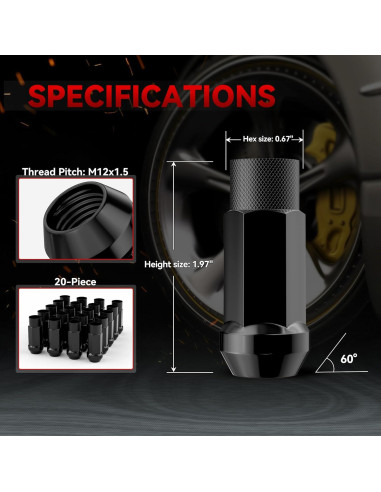 20 Tuercas de Buje Abierto EZISOE M12x1.5 50mm Negras