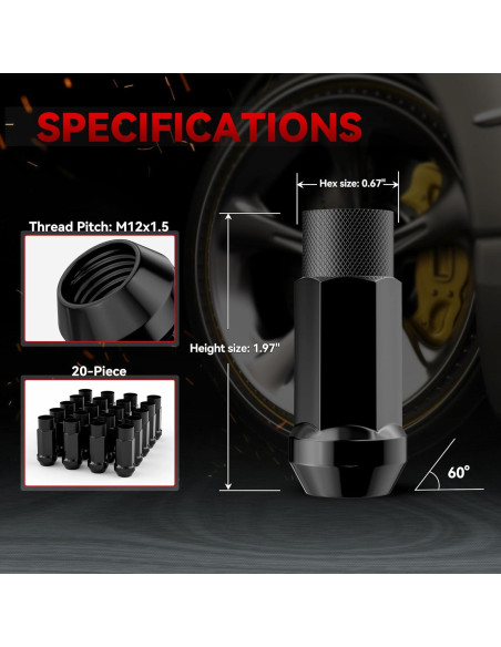 20 Tuercas de Buje Abierto EZISOE M12x1.5 50mm Negras