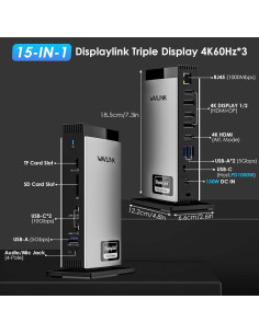 Estación de Acoplamiento WAVLINK USB C 15 en 1 Triple Monitor 4K 2