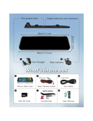 Cámara de Espejo Retrovisor KOUENOM 12" 4K con CarPlay y Android Auto