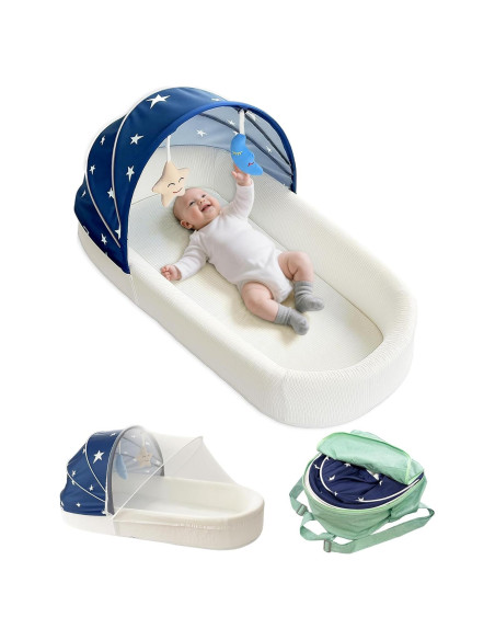 Cuna portátil grande azul para bebés - Cuna de viaje con toldo