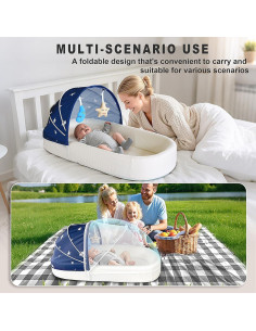 Cuna portátil grande azul para bebés - Cuna de viaje con toldo 2