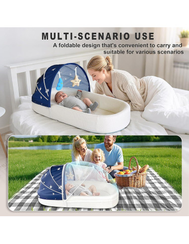 Cuna portátil grande azul para bebés - Cuna de viaje con toldo