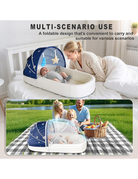 Cuna portátil grande azul para bebés - Cuna de viaje con toldo