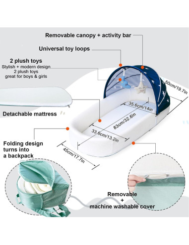 Cuna portátil grande azul para bebés - Cuna de viaje con toldo