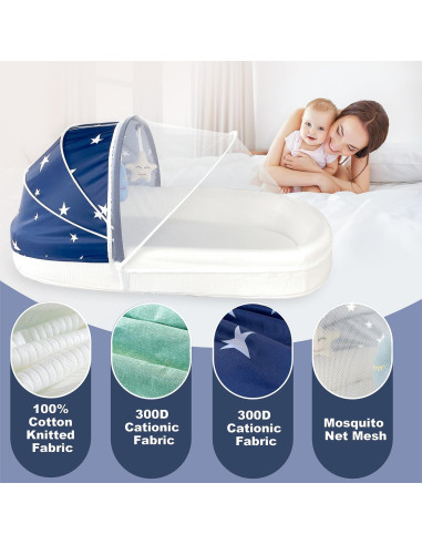 Cuna portátil grande azul para bebés - Cuna de viaje con toldo