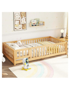 Cama de Piso Twin Bellemave con Listones y Barandilla Natural