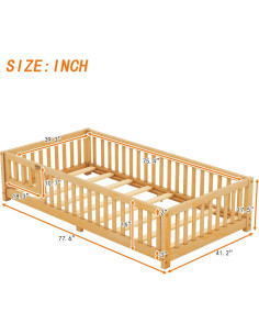 Cama de Piso Twin Bellemave con Listones y Barandilla Natural 2