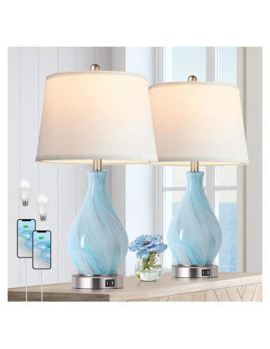 Juego de 2 lámparas de mesa PARTPHONER 55.88 cm vidrio azul gris