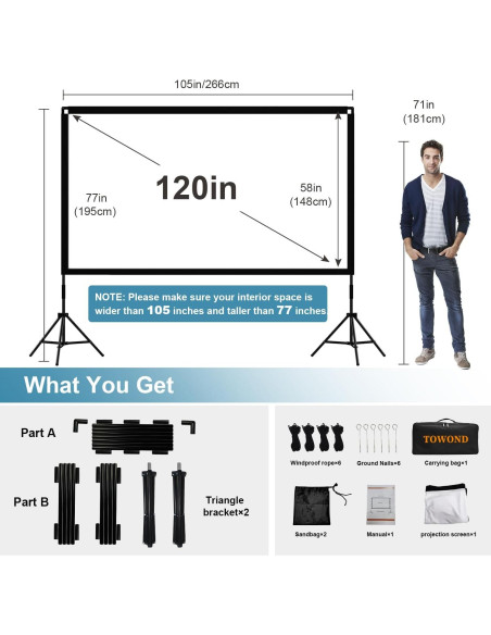 Pantalla de Proyector Towond 120" Plegable HD 16:9 con Soporte