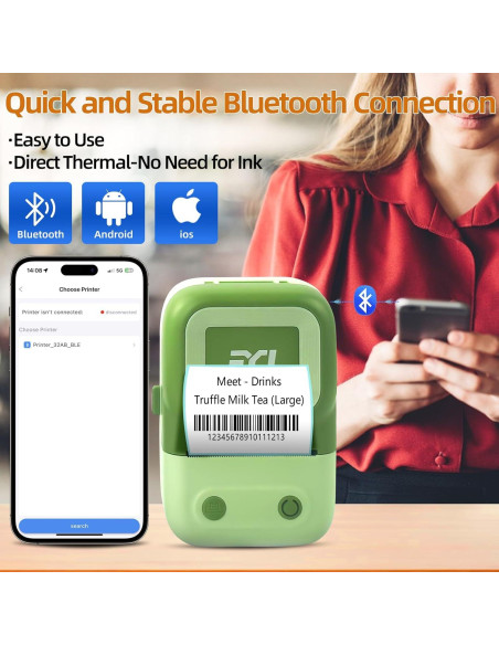 Impresora de Etiquetas FYJ Térmica Bluetooth 4x3 cm Verde