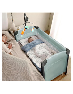 Cuna Lateral JOYMOR 3 en 1 Verde con Colchón y Sábana