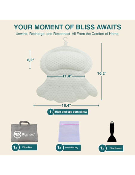 Almohada de Baño RYNEX con Ventosas y Soporte Ergonómico