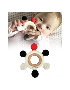 Anillo de Mordedor de Silicona y Madera de Haya Samuel - Rojo, Negro y Blanco