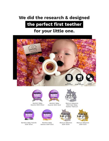 Anillo de Mordedor de Silicona y Madera de Haya Samuel - Rojo, Negro y Blanco