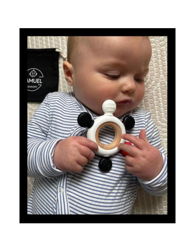 Anillo de Mordedor de Silicona y Madera de Haya Samuel - Rojo, Negro y Blanco