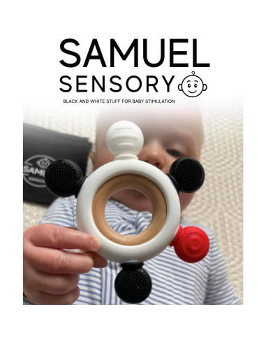 Anillo de Mordedor de Silicona y Madera de Haya Samuel - Rojo, Negro y Blanco