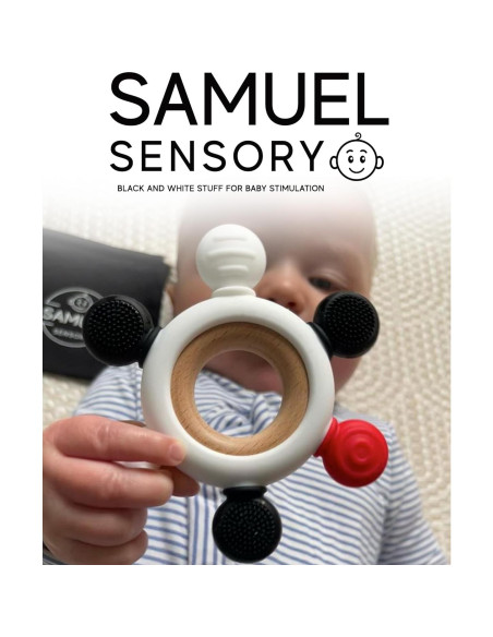 Anillo de Mordedor de Silicona y Madera de Haya Samuel - Rojo, Negro y Blanco