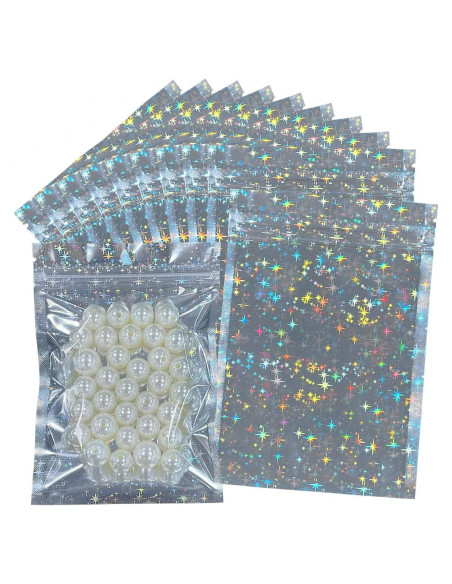 100 Bolsas Holográficas Mylar 10x15 cm con Cierre Estrellas