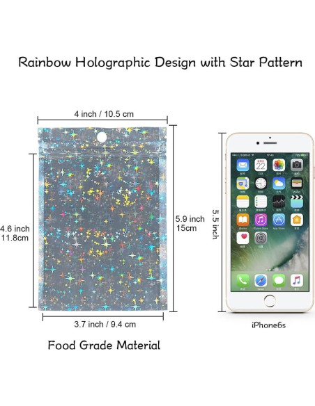 100 Bolsas Holográficas Mylar 10x15 cm con Cierre Estrellas