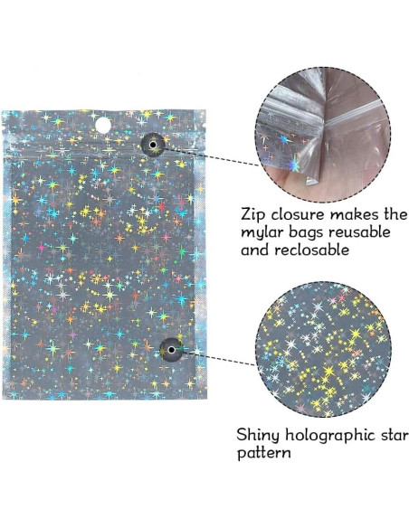 100 Bolsas Holográficas Mylar 10x15 cm con Cierre Estrellas