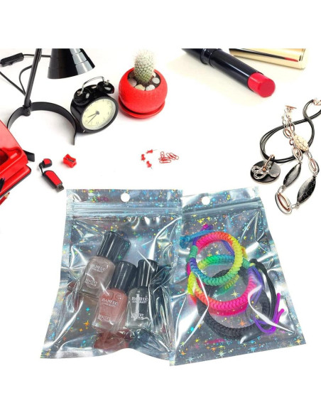 100 Bolsas Holográficas Mylar 10x15 cm con Cierre Estrellas
