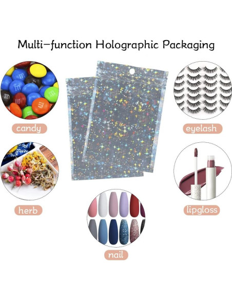 100 Bolsas Holográficas Mylar 10x15 cm con Cierre Estrellas
