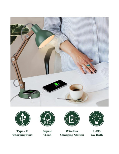Lámpara de Escritorio LED ELYONA Verde Vintage con Cargador Inalámbrico