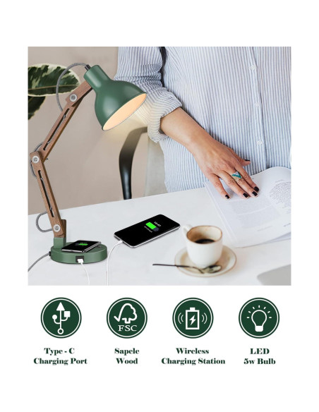 Lámpara de Escritorio LED ELYONA Verde Vintage con Cargador Inalámbrico