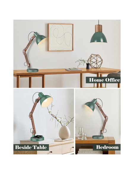 Lámpara de Escritorio LED ELYONA Verde Vintage con Cargador Inalámbrico