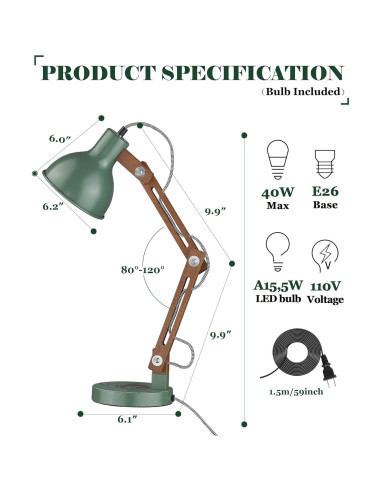 Lámpara de Escritorio LED ELYONA Verde Vintage con Cargador Inalámbrico