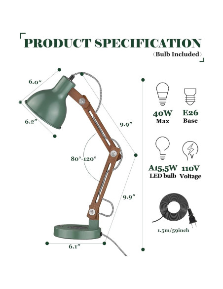 Lámpara de Escritorio LED ELYONA Verde Vintage con Cargador Inalámbrico