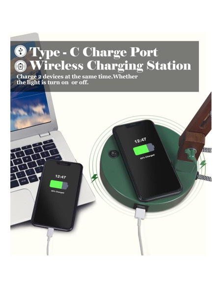 Lámpara de Escritorio LED ELYONA Verde Vintage con Cargador Inalámbrico