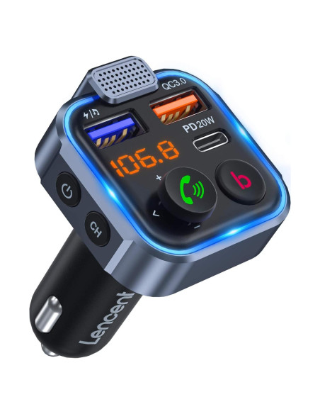 Adaptador FM LENCENT BT23 Cargador USB Rápido 20W Bluetooth 5.0