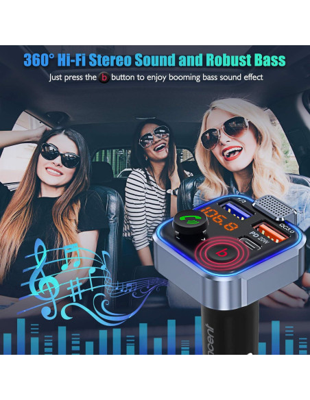 Adaptador FM LENCENT BT23 Cargador USB Rápido 20W Bluetooth 5.0