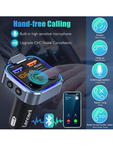 Adaptador FM LENCENT BT23 Cargador USB Rápido 20W Bluetooth 5.0