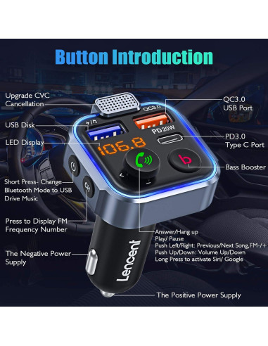 Adaptador FM LENCENT BT23 Cargador USB Rápido 20W Bluetooth 5.0