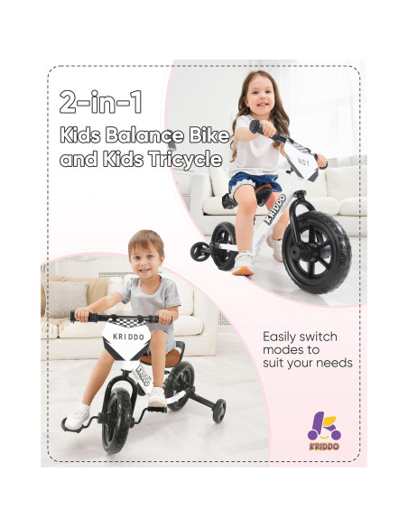 Triciclo 2-en-1 KRIDDO para Niños Blanco - Bicicleta de Equilibrio